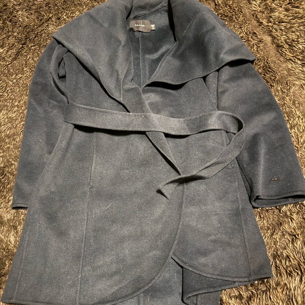 Tahari Dark Teal Wrap Wool-Blend Belted Trench Coat